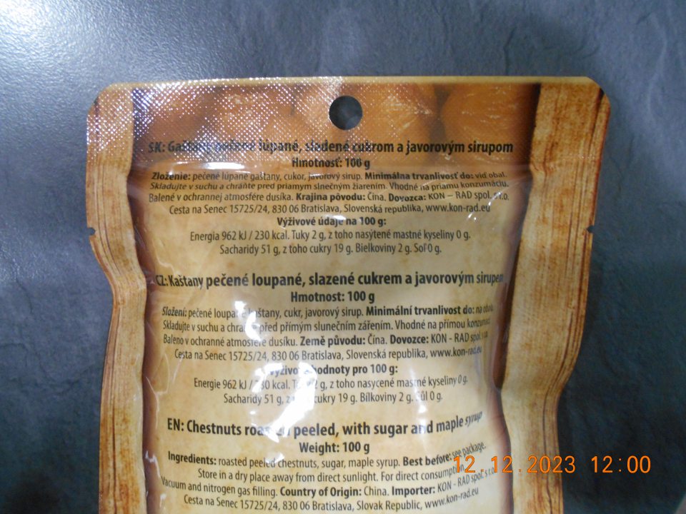  v zložení výrobku (Gaštany) nie je uvedené množstvo zložiek uvedených v názve potraviny (gaštany, cukor, sirup) 