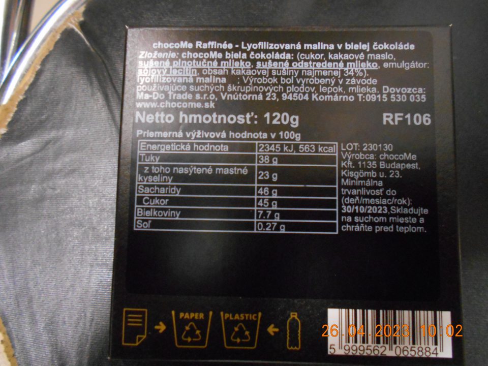 V čase kontroly zistené tri nedostatky v označovaní troch druhov potravín: - údaje v označení sú pre spotrebiteľa nejasné, nepresné a nezrozumiteľné-zvyšovač objemu: E500ii - nesprávne výživové údaje: - "Sacharidy 32g, cukor 28g", správny výraz sacharidy z toho cukry - "Sacharidy 46g, cukor 45g", správny výraz sacharidy z toho cukry - "Tuky 66,1 %, Sacharidy %" správny výraz tuky ...g, sacharidy ...g