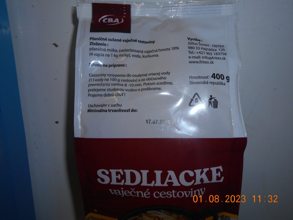 Nedostatok v označovaní: nezvýraznené zložky sposobujúce alergiu- pšeničná múka, vaječná zmes