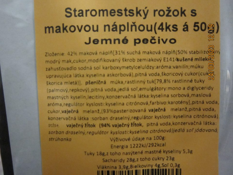 „Staromestský rožok s makovou náplňou (4 ks, á 50 g), Jemné pečivo“, výrobca: PEKÁREŇ Drahovce s.r.o., Hlavná 1, 922 41 Drahovce -  v zozname zložiek nie je oproti zvyšnej časti zoznamu zdôraznená zložka: „strúhanka“ obsahujúca alergén glutén.                                                                                                                                                                             