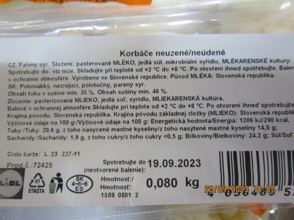 Predaj po uplynutom dátume spotreby dňa 28.09.2023: SLOVENSKÔ Korbáče neúdené, polomäkký, nezrejúci, polotučný parený syr, balené v ochrannej atmosfére, spotrebujte do: 19.09.2023, počet: 10 ks, celková hmotnosť: 0,800 kg, celková predajná cena: 10,40 €.