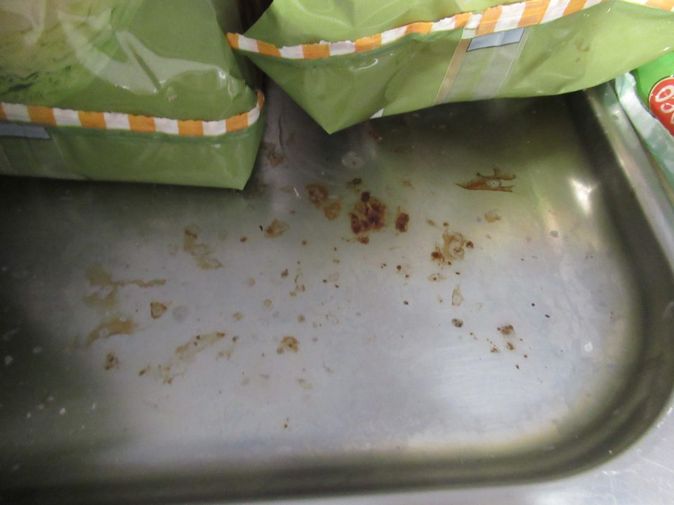 Začínajúca korózia na podnose v chladiacom zariadení slúžiacom na uchovávanie spracovanej zeleniny (Kyslá kapusta).
