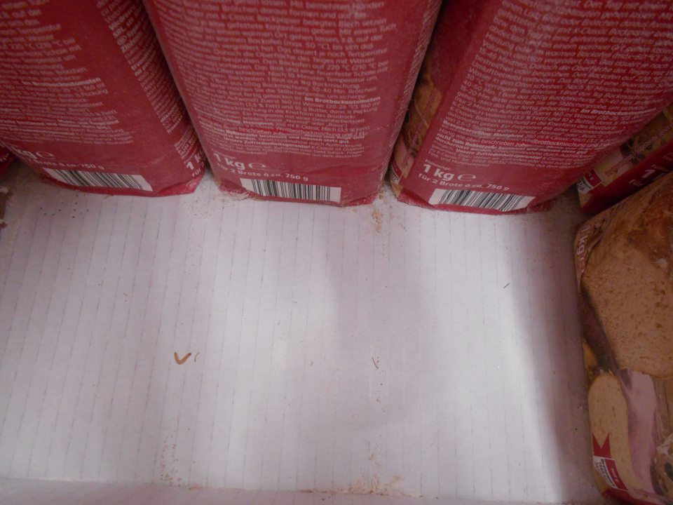 Vlákná mole a červy na obaloch múk v regáli na predajni.