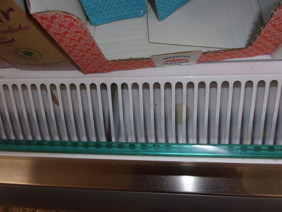 Zatečený a znečistený priestor pod mriežkami v chladiacom zariadení na mliečne výrobky.