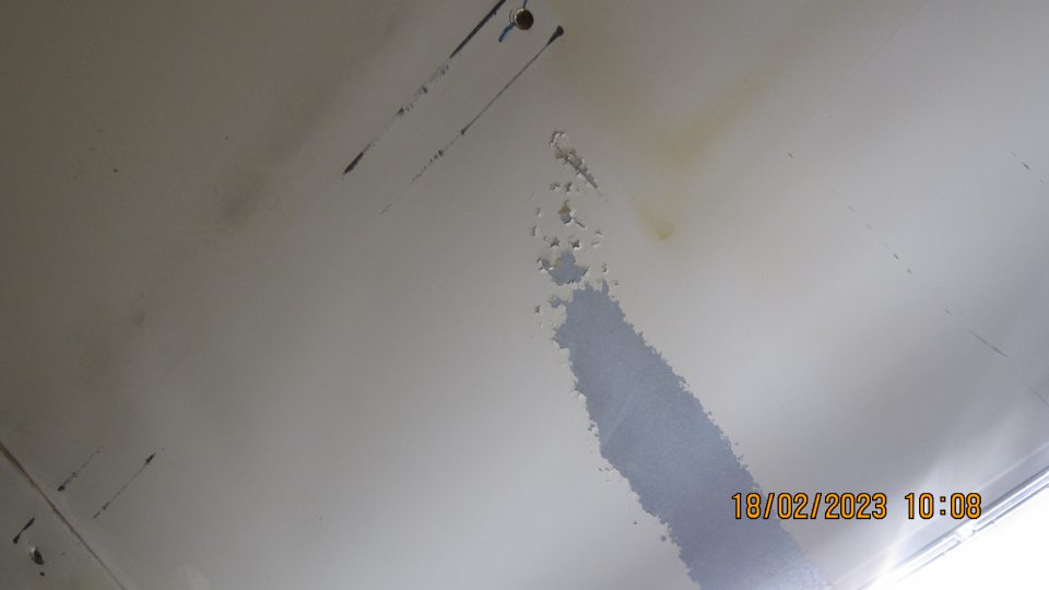 V mraziacom boxe v skladových priestoroch olupujúci, porušený náter stropu.