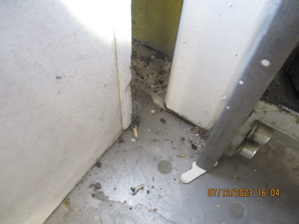 Pri vstupných dverách z predajne do skladovacích priestorov vľavo na podlahe zistený výskyt nánosu špiny, prachu, nečistôt a myšacieho trusu.