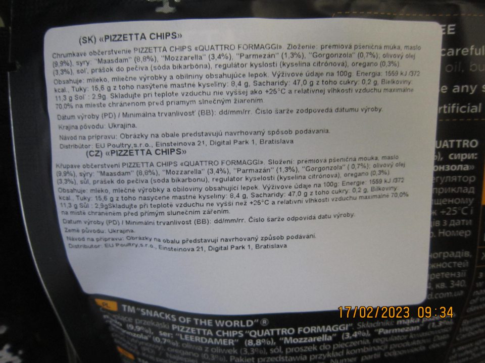 Pizzeta Chipps Quatro Formaggi nezvýraznené a neodlíšené alergény v označení na obale potraviny.
