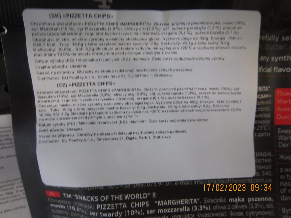 Pizzeta Chipps Margherita nezvýraznené a neodlíšené alergény v označení na obale potraviny.