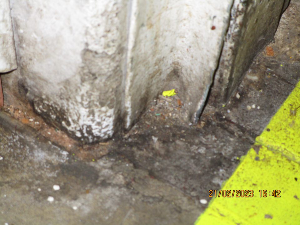 zázemie prevádzky: - pri vstupnej rampe s uskladnenými drevenými paletami, kartónovými obalmi a plastovými návratnými fľašami vpravo pred kovovými dverami výskyt nečistôt na podlahe, skorodovaná časť dverí a poškodený rám zárubne na dverách 