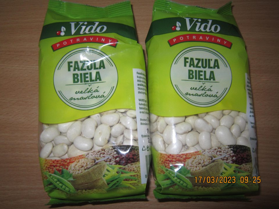 Fazuľa biela veľká maslová VIDO 350g, DMT: 19.09.2024,označenie dávky:2L.213378, nevyhovujúce senzorické znaky - nevhodná na ľudskú spotrebu pre zmenený odpudzujúci vzhľad.