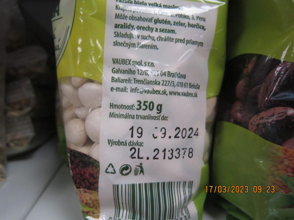 Fazuľa biela veľká maslová VIDO 350g, DMT: 19.09.2024,označenie dávky:2L.213378, nevyhovujúce senzorické znaky - nevhodná na ľudskú spotrebu pre zmenený odpudzujúci vzhľad.