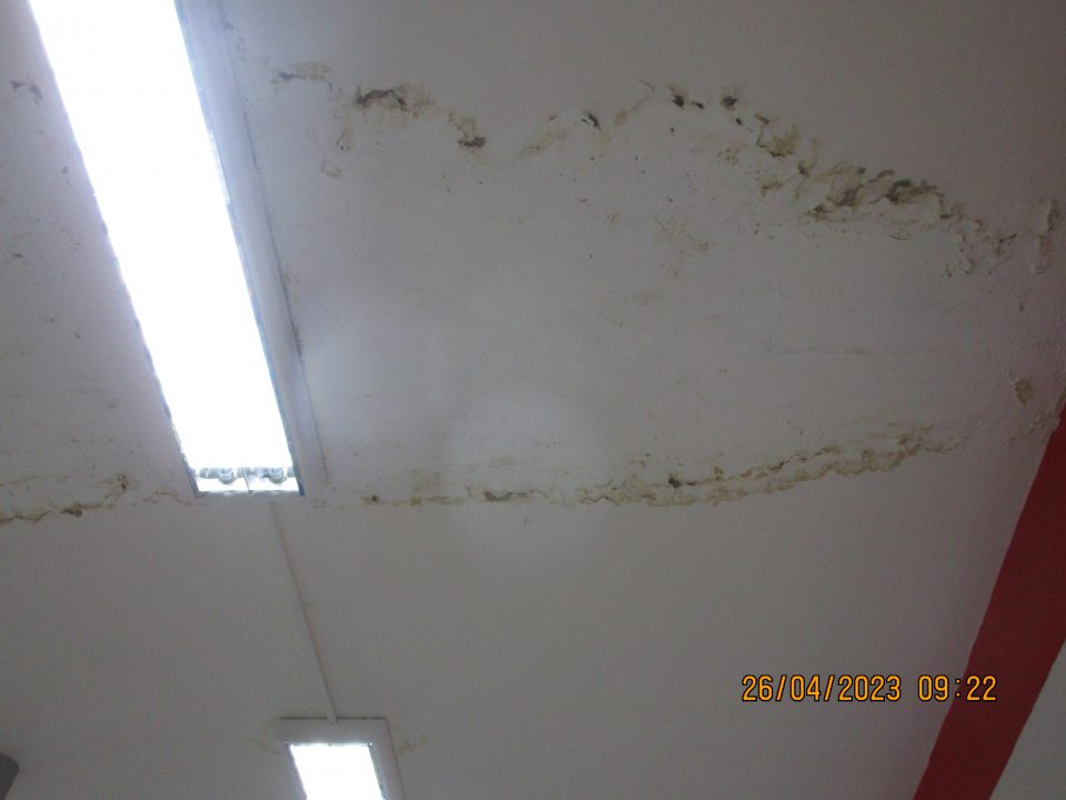 v zázemí prevádzky na prechodovej chodbe, slúžiacej ako sklad potravín a v sklade zamoknutý a zaplesnivelý strop na viacerých miestach - 