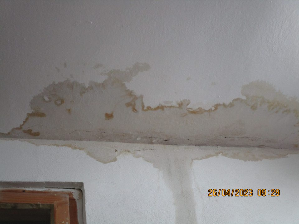 a predajnej ploche na 5 miestach v častiach nad chladiacou vitrínou s uskladnenými mliečnymi výrobkami, nad regálmi s nealkoholickými nápojmi, konzervami, cestovinami, čokoládou a cukrovinkami zamoknutý a zaplesnivelý strop