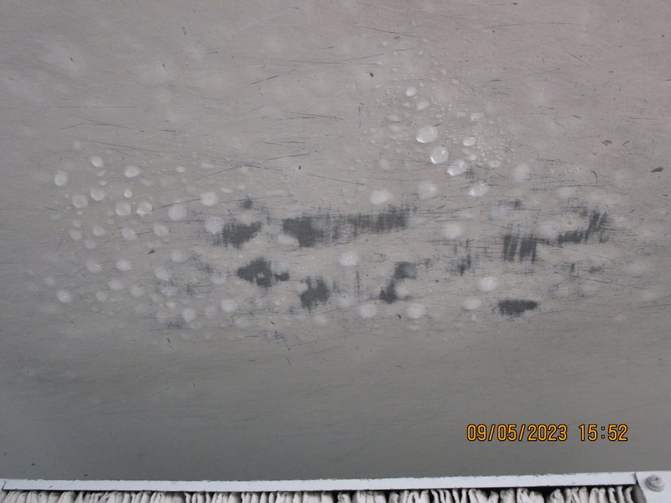 v zázemí v mraziacom boxe na uskladnenie hlbokozmrazených pekárenských polotovarov výskyt kondenzu vo vrchnej časti na strope