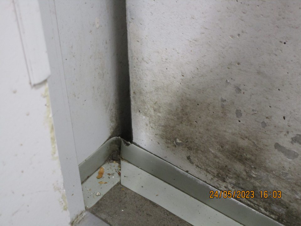 zázemie: -pri mraziacom boxe s uskladnenými hlbokozmrazenými polotovarmi z vonkajšej časti na kamennom stĺpiku poškodený hygienický náter o rozsahu cca 20cm x 5cm a v spodnej časti znečistený hygienický náter a nános nečistôt -