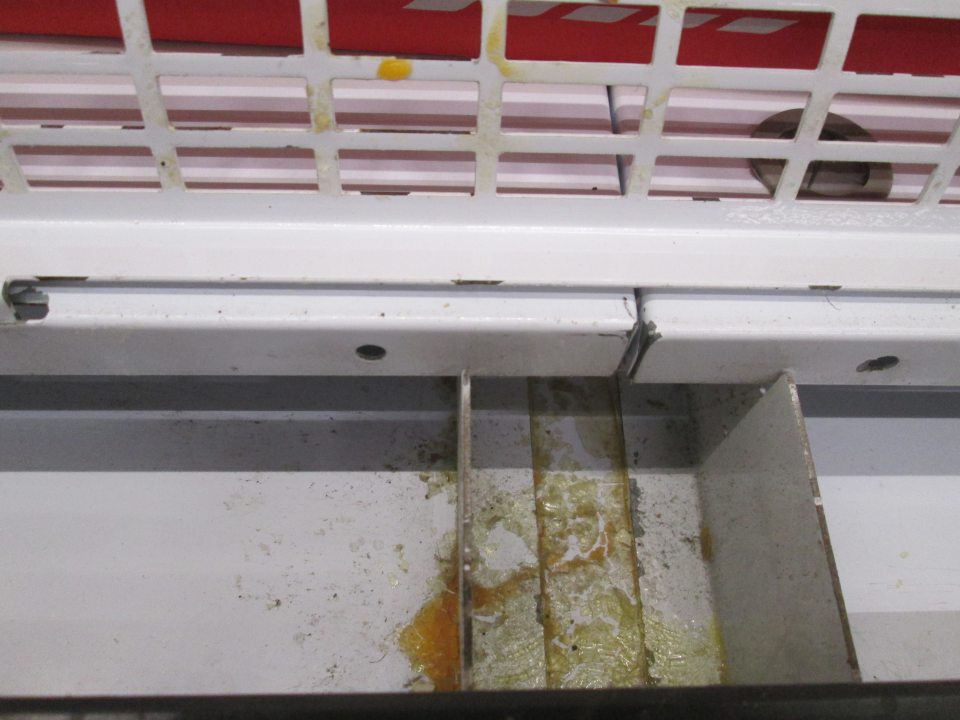 Zaschnutá rozliata vaječná hmota na spodnom regáli pod mriežkou v chladiacej vitríne s uloženými vajcami.