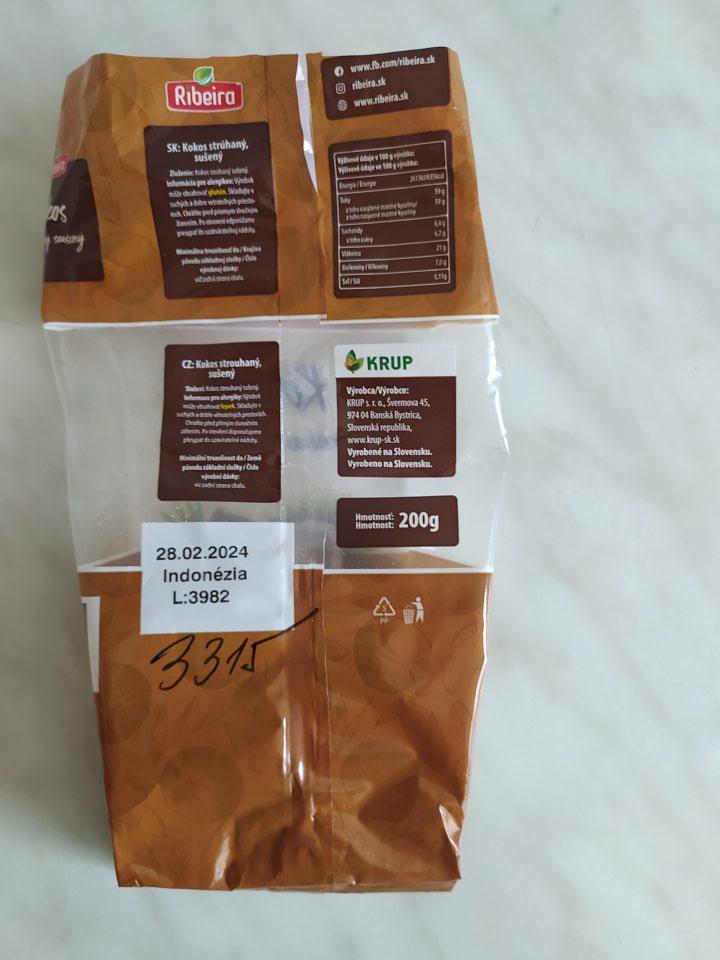 malé písmo na obale výrobku KOKOS 