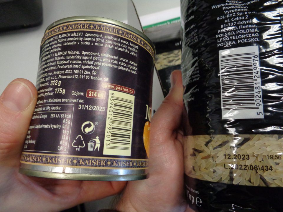  	Tovar po DMT: Mandarinky v sladkom náleve, hmotnosť 312g, 5ks, cena 1,99€,Biela celozrnná ryža, hm.1kg, 5ks, cena 3,49€