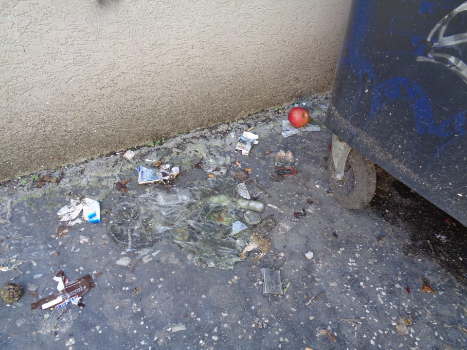  Priestor v okolí nádob na likvidáciu komunálneho odpadu znečistený plastami kartónom a špinou