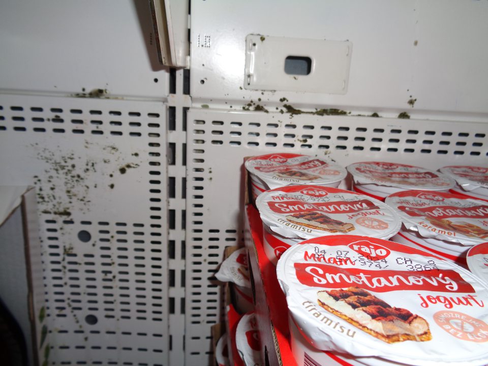 Chladiace vitríny na predajnej ploche porastené plesňou