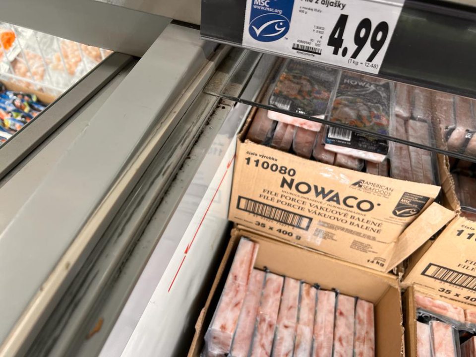 Znečistené vodiace lišty na mraziarenských boxoch, kde boli ponúkané mrazené ryby a mrazená zelenina.