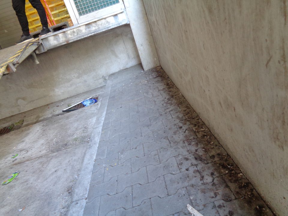 Znečistené okolie príjmovej rampy od trusu vtáctva. 