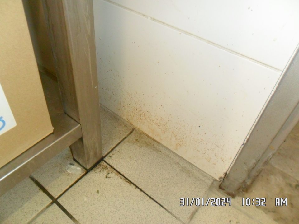 Stena v miestnosti slúžiacej na prípravu a krájanie ovocia a zeleniny silne znečistená.