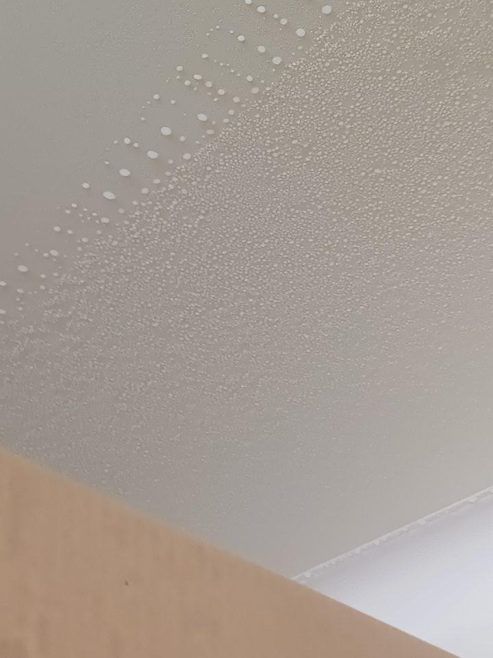 V skladových priestoroch v mraziarenskom sklade pečiva v mraziacom boxe námraza na mraziacej jednotke, kvapkajúci kondenzát.