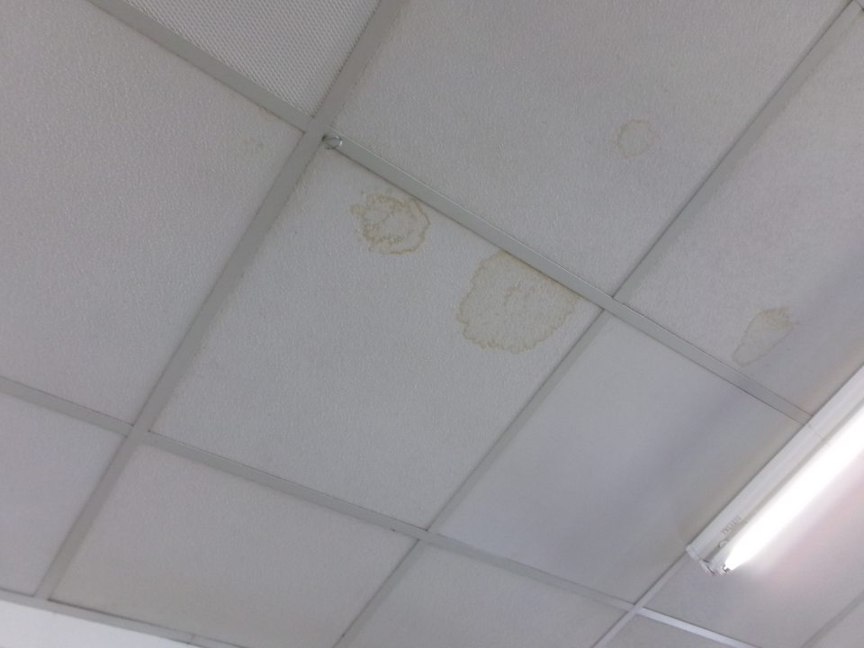 Zatečené stropné kazety v oddelení ovocia a zeleniny, ako aj v sklade. 