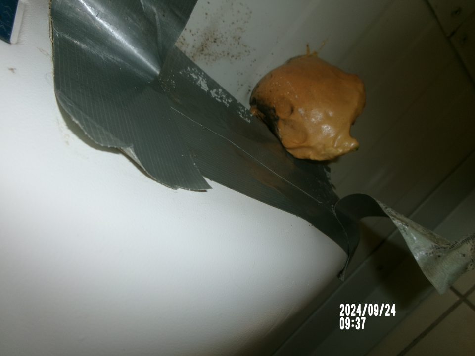 Silne znečistená bočná časť stropnej klimatizačnej jednotky v chladiarenskom boxe s uchovávanými mliečnymi výrobkami v sklade prevádzky.