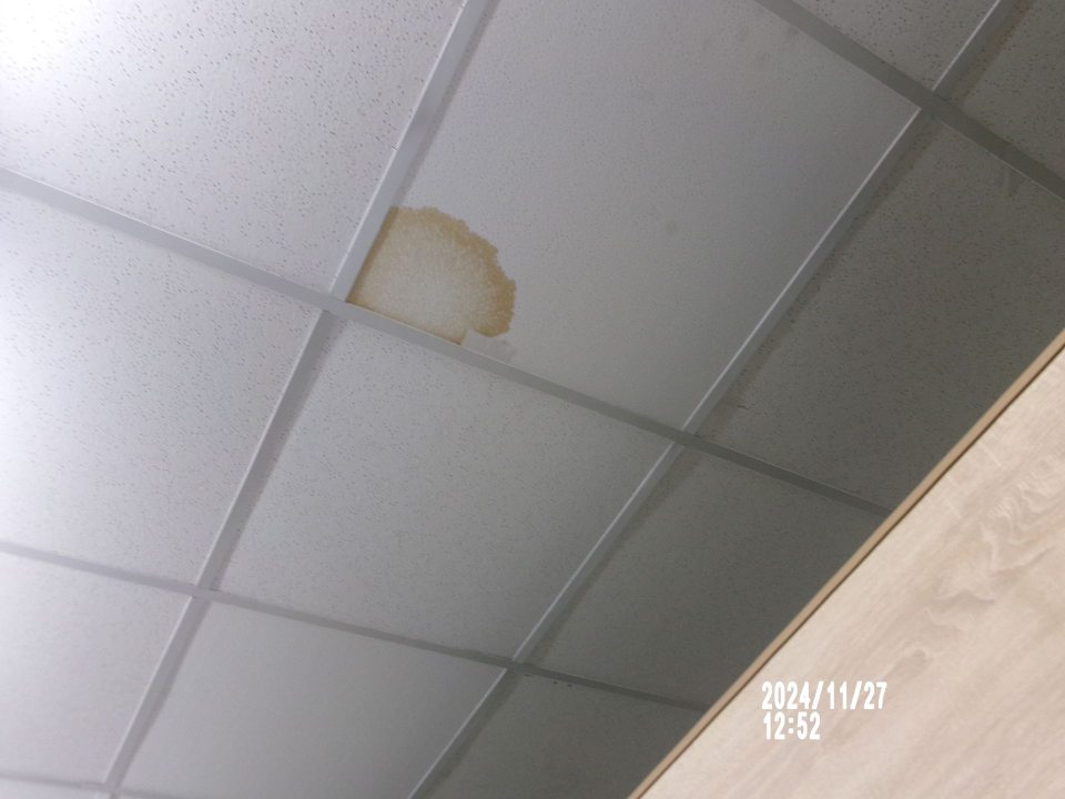 Zatečená stropná kazeta na predajnej ploche nad chladiarenskou vitrínou s uchovávanými mliečnymi výrobkami. 