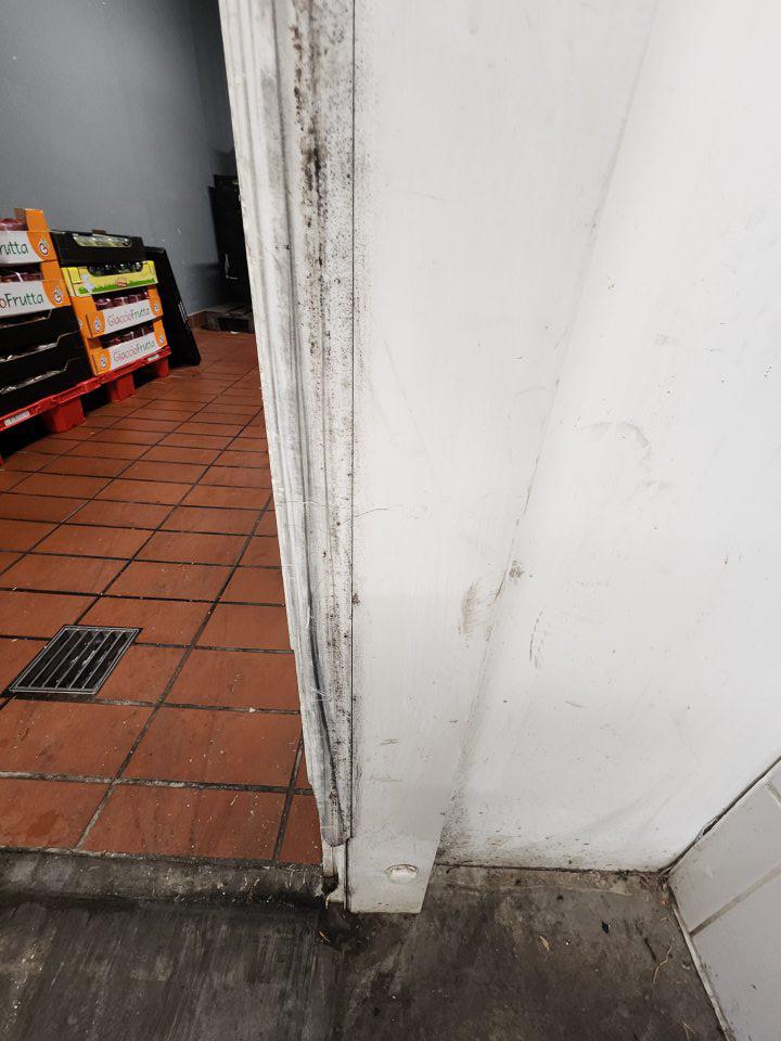 Pleseň na dverách chladiaceho zariadenia, znečistená podlaha.