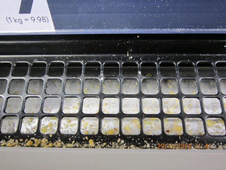 Organické nečistoty – kúsky hlbokozmrazených potravín  pod mriežkou v mraziacej vitríne na uchovávanie hlbokozmrazených potravín.