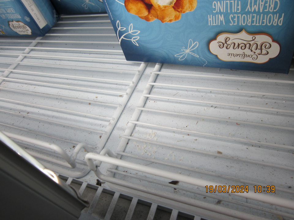 Prachom, organickými nečistotami, zbytkami potravín  a  uhynutým hmyzom znečistená spodná časť pod mriežkami v  mraziacej vitríne na uchovávanie hlbokozmrazených polotovarov na predajnej ploche.