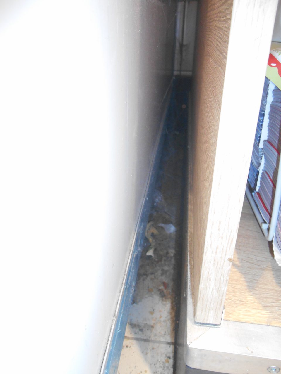 V predajnej časti prevádzky v priestore medzi chladiacou vitrínou a stojanom s dennou tlačou a časopismi podlaha znečistená prachom, nánosmi zaschnutej špiny.