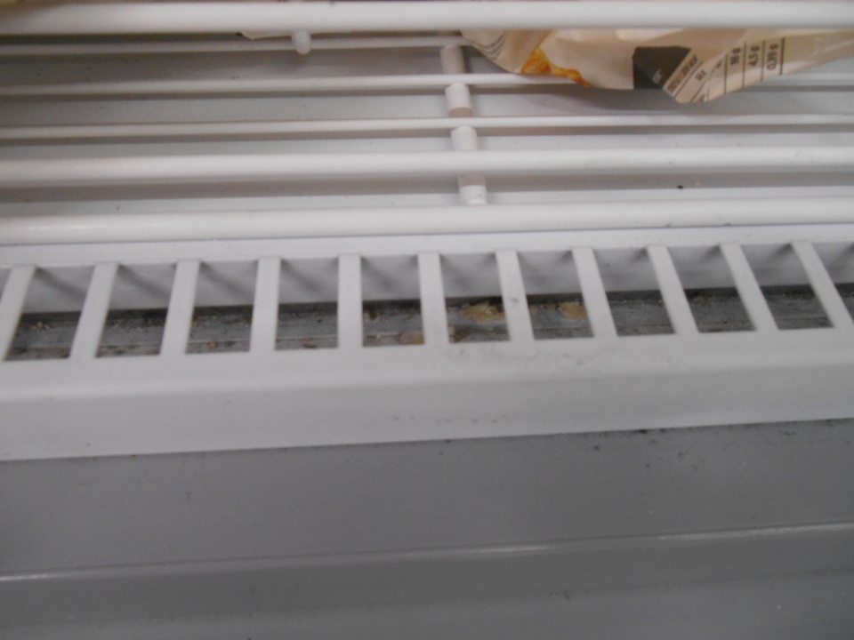 V predajnej časti prevádzky znečistené dno pod mriežkami pri otváracích dvojkrídlových dvierkach v mraziacej vitríne - prachom, organickými nečistotami, zbytkami potravín.