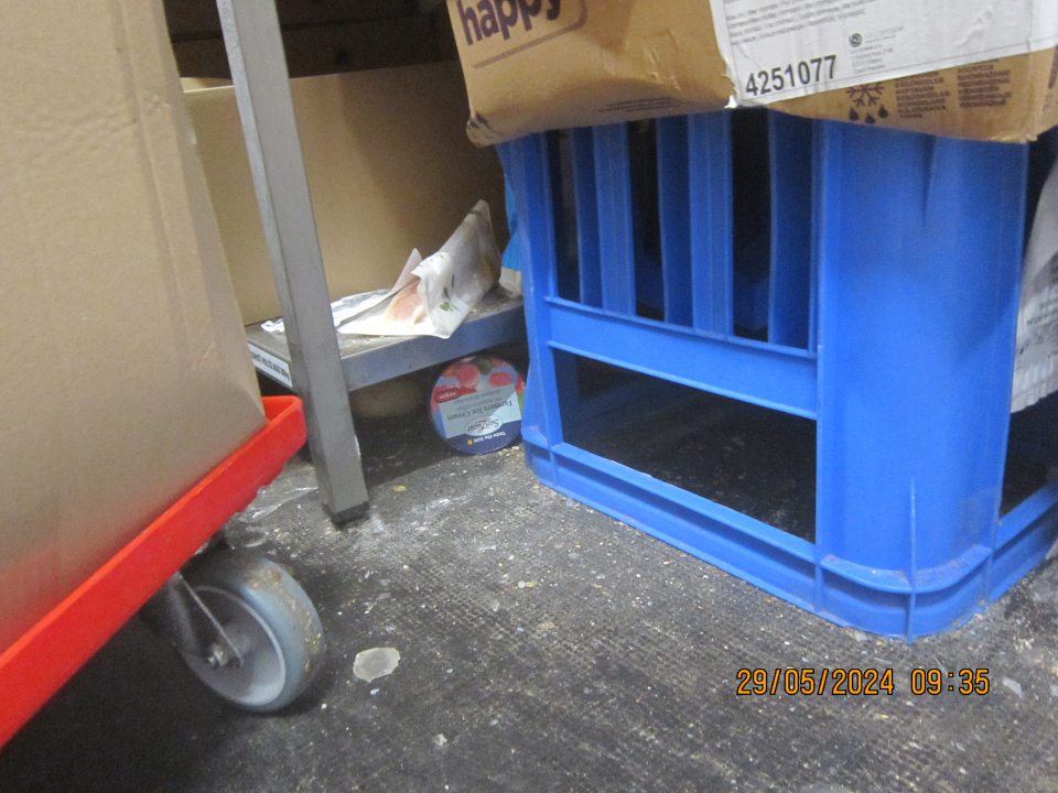 Veľké množstvo organických nečistôt – zbytky mrazených pekárskych výrobkov na podlahe v mraziarenskom sklade v zázemí prevádzky.