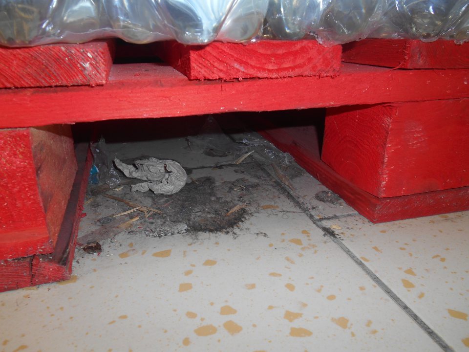 Znečistená podlaha na predajnej ploche prevádzky pod paletami s nealko nápojmi zaschnutou čiernou špinou, prachom, kúskami papiera a drobnými úlomkami z drevenej palety.