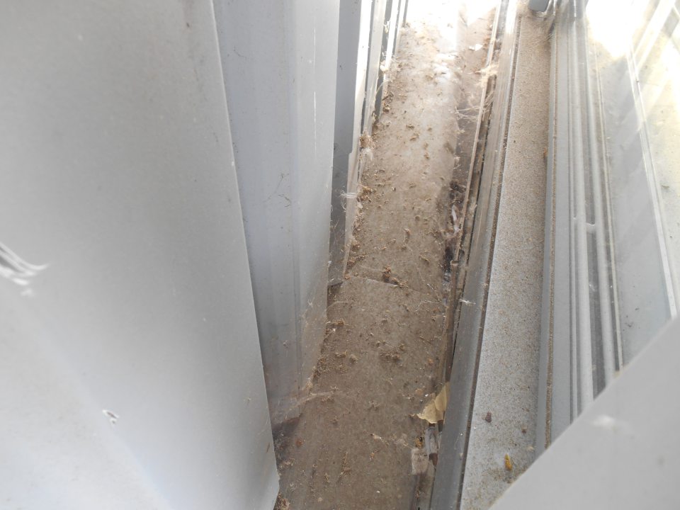 Priestor medzi obvodovou stenou budovy a vyradeným chladiacim zariadením znečistený hrubými nečistotami, prachom, pavučinami, útržkami papiera.  