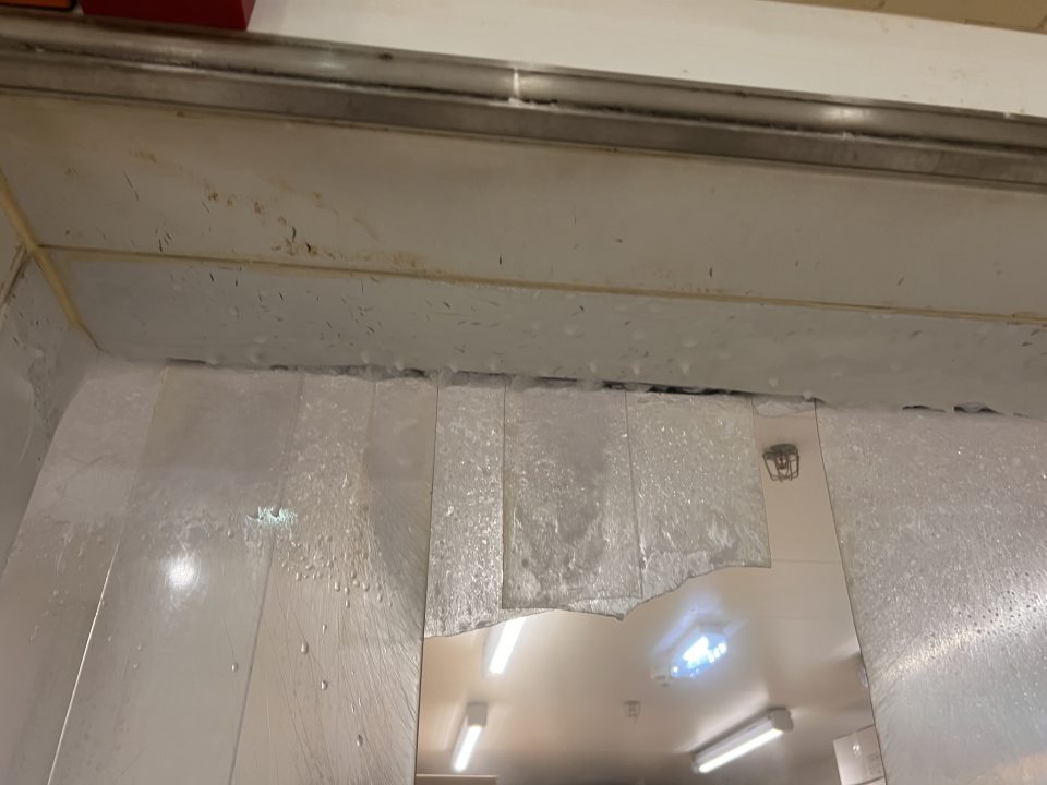 Poškodenie plastových lamiel v časti vstupných dvier do mraziaceho boxu pečiva.