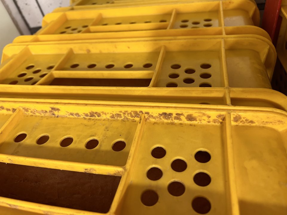 Pred mraziacim boxom pečiva boli na sebe uložené plastové prepravky s nebaleným pečivom, ktoré boli znečistené nálepmi zastaralej špiny a prachom.