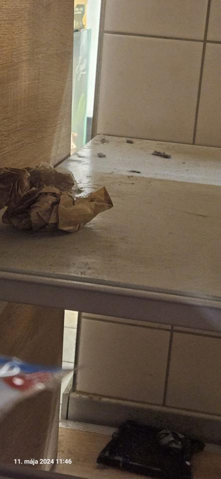 Znečistený regál za cukrovinkami hrubou vrstvou prachu a použitým pokrčeným obalovým materiálom.