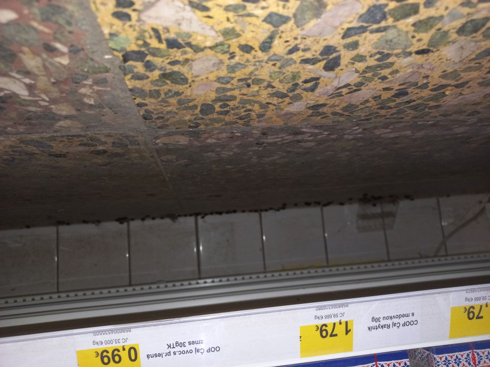 Znečistená podlaha - zaprášená, zvyšky potravín na viacerých miestach pod regálmi s kávou, čajom, korením, konzervami, cestovinami a pivom.