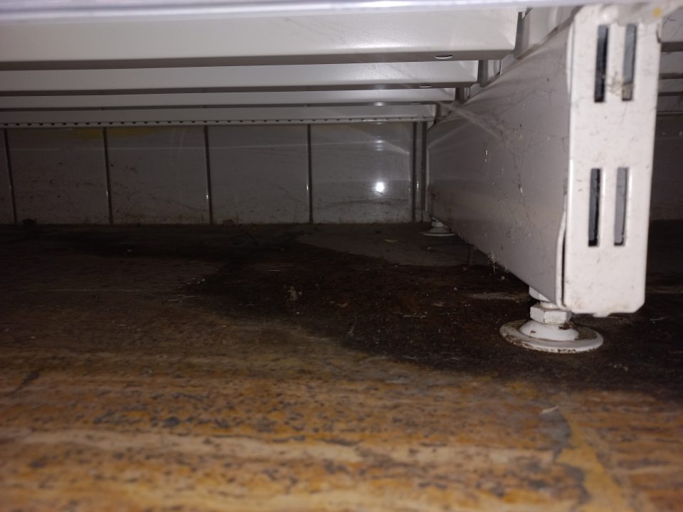 Opatrenie nesplnené -  znečistená podlaha pod regálmi na predajnej ploche - zaprášená, výskyt pavučín, zvyšky potravín na viacerých miestach pod regálmi s cestovinami.