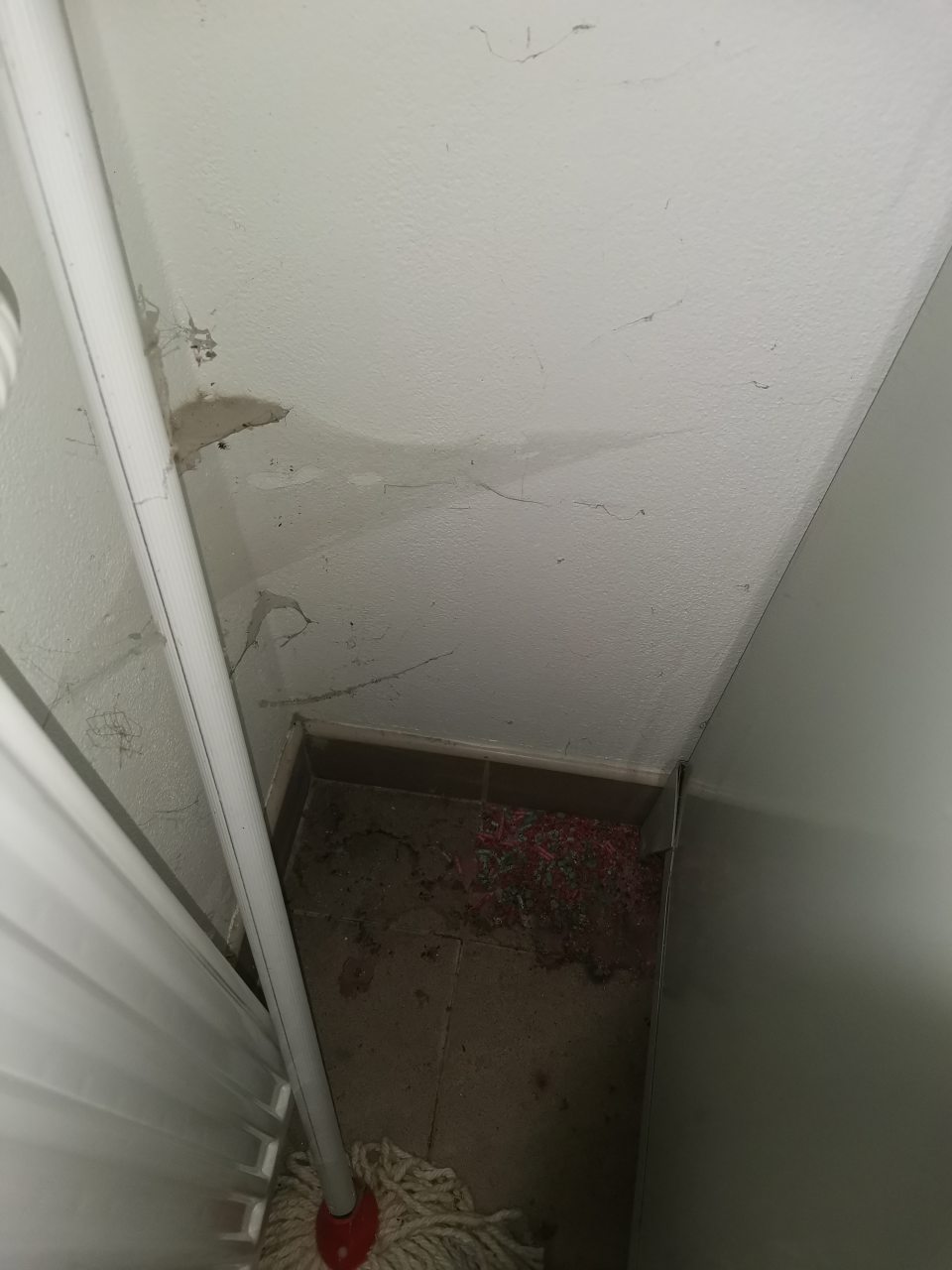 V zázemí prevádzkarne "ŠATŇA ŽENY" znečistená podlahová plocha pod plechovými skrinkami - rozleptané časti nástrahy na hlodavce.