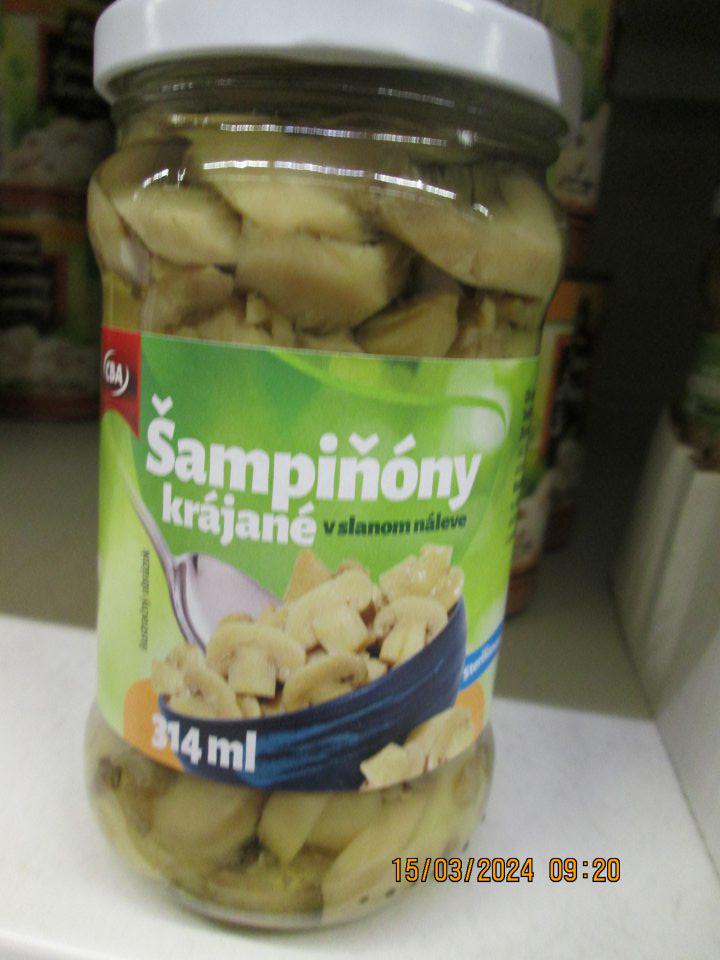 Šampiňóny krájané v slanom náleve CBA nevyhovujúci pevný podiel