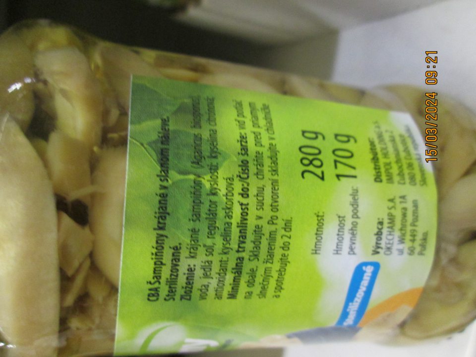 Šampiňóny krájané v slanom náleve CBA nevyhovujúci pevný podiel