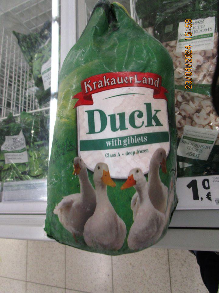 Zistený predaj hlbokozmrazenej potraviny neoznačenej v kodifikovanej podobe štátneho jazyka DUCK KRAKAUERLAND- hlbokzmrazená kačica s drobkami v počte 2 kusy, v celkovom množstve 6,0kg a v celkovej cene 47,98 €