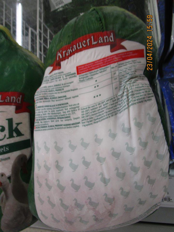 Zistený predaj hlbokozmrazenej potraviny neoznačenej v kodifikovanej podobe štátneho jazyka DUCK KRAKAUERLAND- hlbokzmrazená kačica s drobkami v počte 2 kusy, v celkovom množstve 6,0kg a v celkovej cene 47,98 €