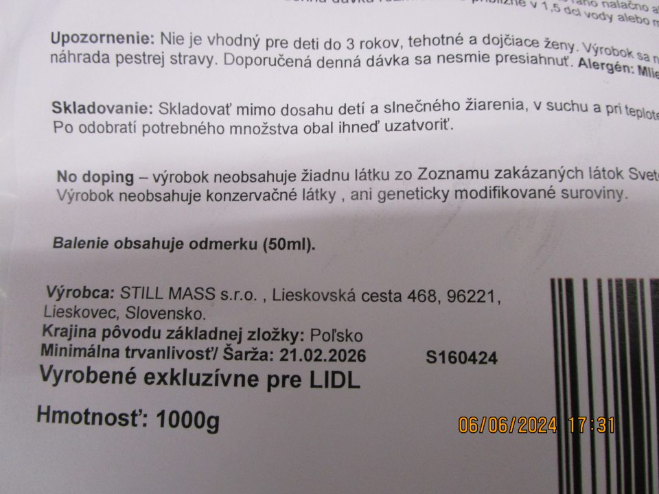 u 2 druhov potravín nedostatky v označovaní, a to : - WHEY PROTEIN VANILLA 1000g a WHEY PROTEIN CHOCOLATE 1000g v celkovom množste 24 kg a v celkovej cene 503,72 € bol uvedený údaj v nesprávnom tvare " minimálna trvanlivosť", výrobca: STILL MASS, s.r.o., Lieskovská cesta 468, 962 21 Lieskovec